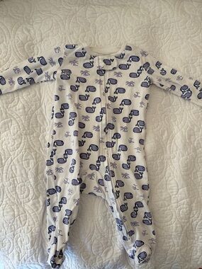 Roller Rabbit Cream One-Piece Footed Pajamas with Blue Whale Print